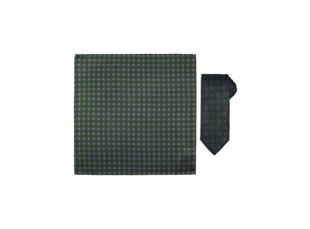 Santi silkeslips+lommetørkle mønstret sett hengende grønn 