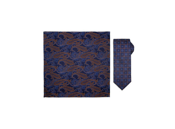 Santi silkeslips+lommetørkle mønstret sett hengende navy 